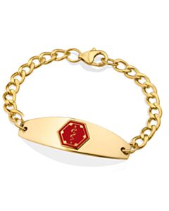 women's or men’s gold chain medical id bracelet with gold plate and red medical emblem design