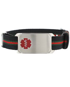 adjustable black leather medical id band for men with large stainless steel id tag, features embossed or red outline medical emblem