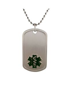 titanium dog tag medical id necklace with titanium bead chain, black medical emblem design on pendant, lightweight, durable design, and hypoallergenic 