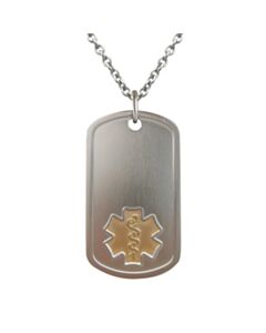 titanium dog tag medical id plate with embossed medical symbol in gold, hypoallergenic and lightweight titanium oval chain