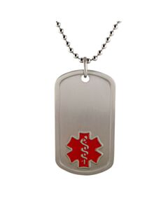 dog tag medical id with red medical symbol on titanium bead chain, hypoallergenic medical id jewelry, lightweight and durable