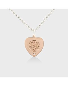 14kt rose gold medical id necklace for women, heart-shaped pendant with diamond accent, sterling silver cable chain