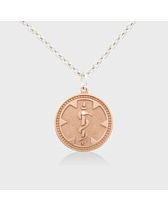 medical id necklace for teens, women, round classic 14k rose gold medallion with diamond accent on sterling silver cable chain 