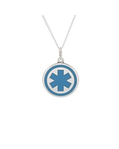 round sterling silver medallion necklace, classic and traditional style, embossed medical emblem on round id tag, curb style neck chain