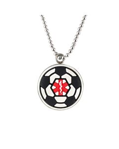 kids soccer ball medical id necklace, black and white pendant with soccer ball design and red medical emblem