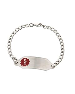 classic, small stainless steel medical id bracelet with curb style chain, suits kids, toddlers or teens, with red medical emblem