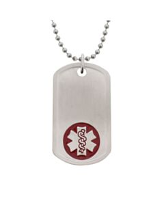 Unisex stainless steel dog tag medical ID necklace with bead style chain, brushed metal finish, id tag and red medical emblem design
