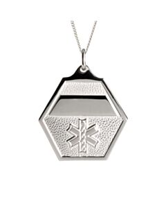 sterling silver, box chain, medical id necklace for men, women, classic design, hexagon pendant with embossed medical emblem