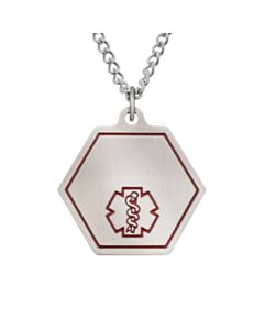 classic medical id necklace with hexagon pendant featuring red medical emblem, stainless steel curb neck chain