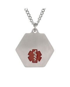 classic medical id necklace with hexagon pendant featuring red enamel medical emblem, stainless steel