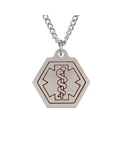 small stainless steel medical id necklace with classic style, hexagon pendant with red medical emblem design on standard or heavy curb neck chain