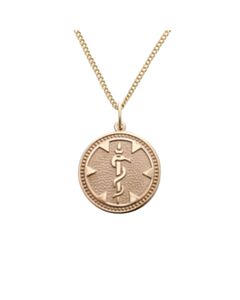 round medallion medical id gold pendant with embossed detail of medical emblem