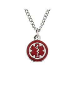 Mini pendant charm necklace with stainless steel standard curb chain and claw clasp, round medical emblem charm in highly visible red color