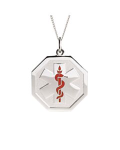 sterling silver embossed necklace with hexagon pendant, subtle medical emblem design for teens and adults, comes with multiple chain options