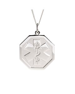 sterling silver embossed necklace with hexagon pendant, subtle medical emblem design for teens and adults, comes with multiple chain options