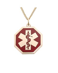 Unisex gold medical id necklace, gold octagon pendant with red medical emblem