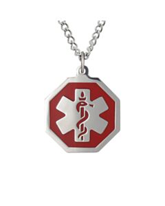 curb chain medical id necklace with hexagon medical emblem pendant in red, stainless steel design