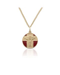 detail of gold and red, round, embossed, and vintage style medical id pendant on chain