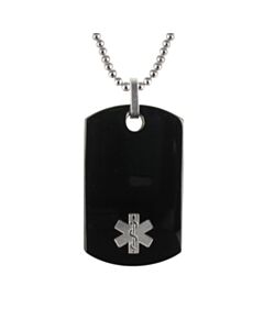 men's medical id necklace with stainless steel bead chain and polished onyx dog tag pendant