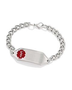 classic, small stainless steel medical id bracelet with curb style chain, suits kids, toddlers or teens, with red medical emblem