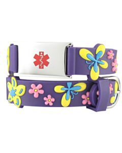 kids floral and butterfly medical id bracelet, purple, yellow, and pink, silicone band with stainless steel plate