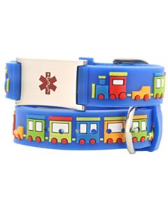 choo choo train kids medical id bracelet with fun and colorful train design on blue silicone band