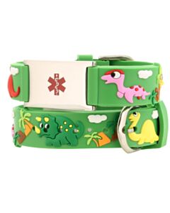 kids dinosaur silicone medical id band, green color with cute dinosaur characters and stainless steel plate