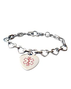 medical id bracelet for women with heart chain design and heart-shaped medical id charm, fits teens, adults, adjustable link chain with claw clasp