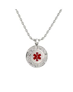 crystal pendant medical id necklace with 36 sparkling crystals, stylized roman numeral clock design on pendant, rice ball neck chain, red enamel medical emblem accent, for women