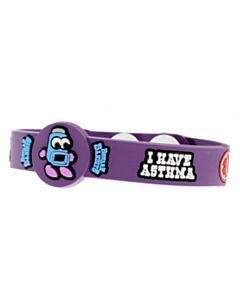 purple medical id for kids with asthma featuring fun character design on silicone band