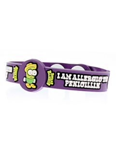 i am allergic to penicillin medical id bracelet for kids with fun character, dr. penny on purple silicone band