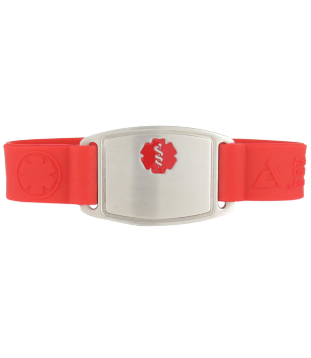 american diabetes association, stop diabetes red silicone band, medical id bracelet with stainless steel id tag designed with red medical emblem 