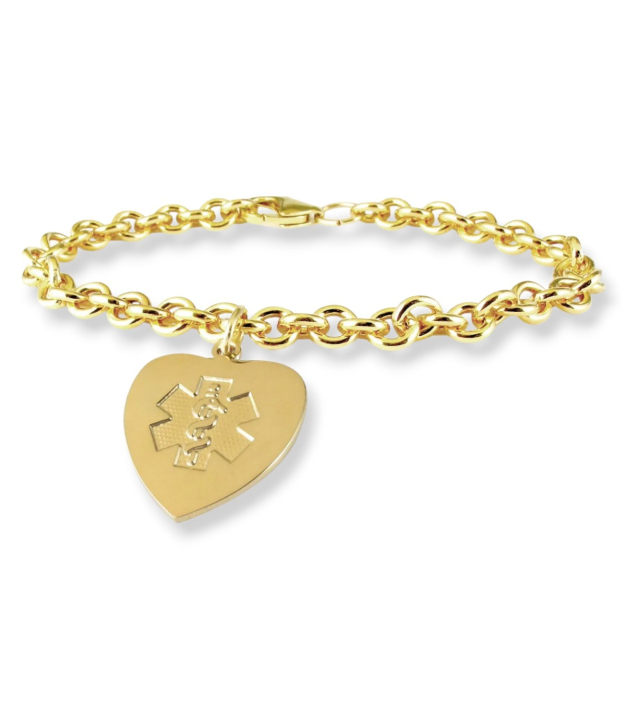 gold chain medical id bracelet with matching gold heart charm