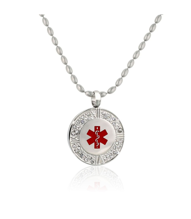 crystal pendant medical id necklace with 36 sparkling crystals, stylized roman numeral clock design on pendant, rice ball neck chain, red enamel medical emblem accent, for women