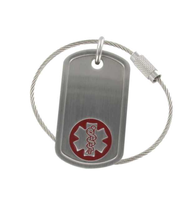 medical id keychain, military style stainless steel dog tag with cable chain, brushed finish, unisex design