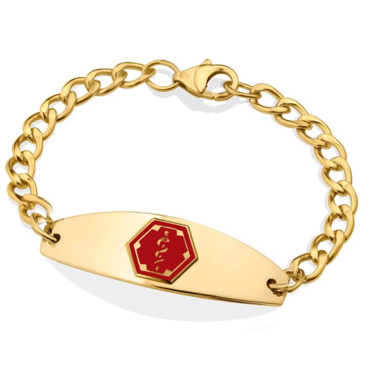 women's or men’s gold chain medical id bracelet with gold plate and red medical emblem design