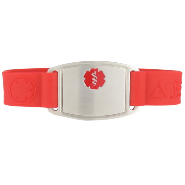 american diabetes association, stop diabetes red silicone band, medical id bracelet with stainless steel id tag designed with red medical emblem 