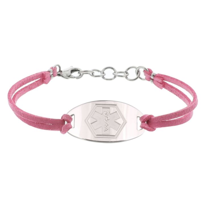 pink faux suede band medical id bracelet with sterling silver or stainless steel engraved medical id plate for teens, adults