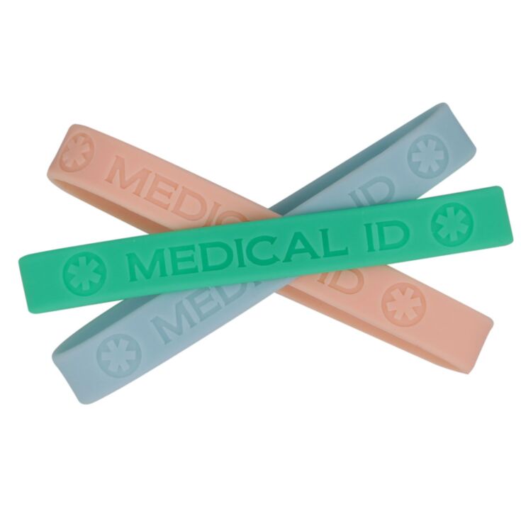 beach inspired, pastel medical id bands in three seaside colors, green, pink, and blue, slick silicone id bands for adults