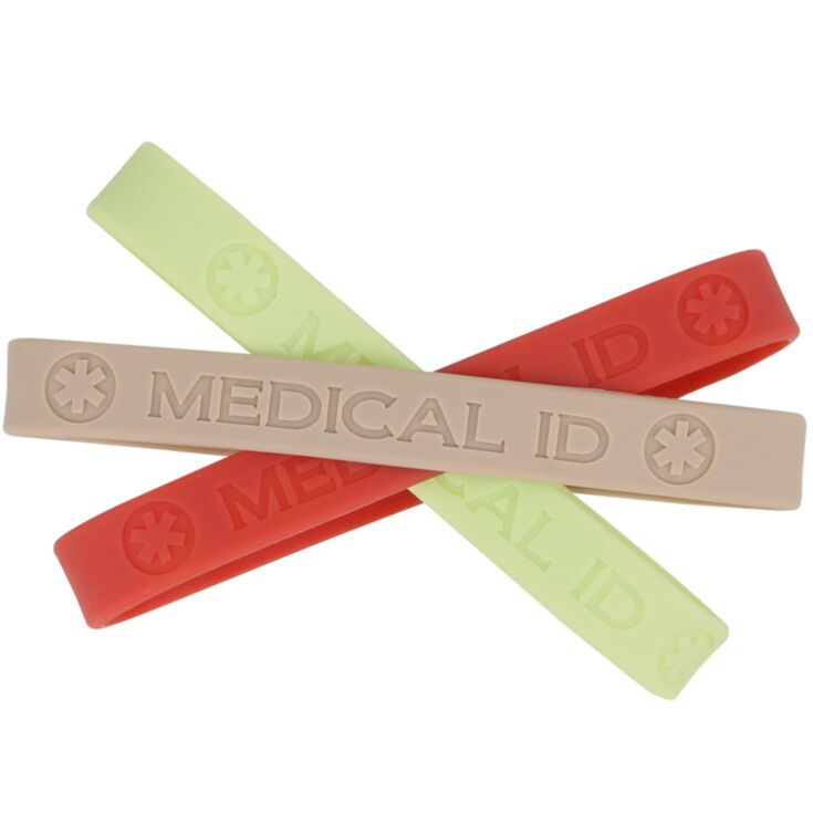 earth tone silicone medical id band, bundle pack in three neutral colors, brick, sage, and sand, sleek for use with stainless steel or titanium id plate