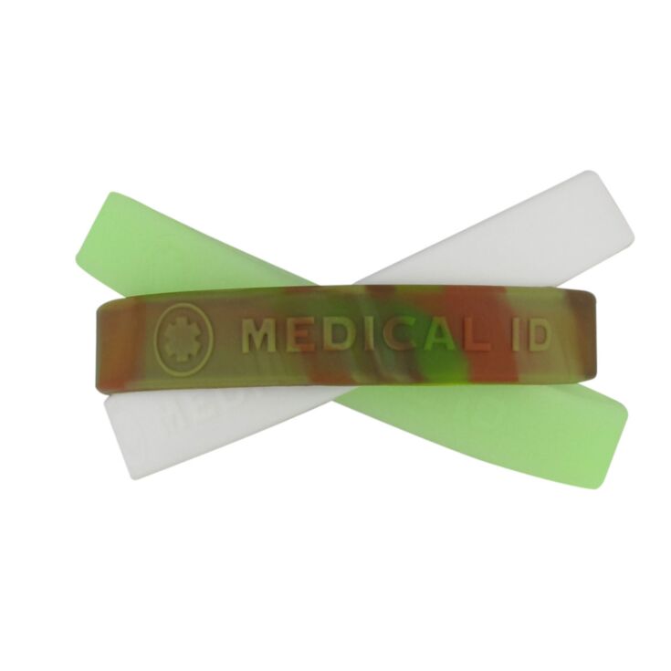 colorful medical id silicone bands, bundle pack in different colors white, glow in the dark, camouflage, different sizes available