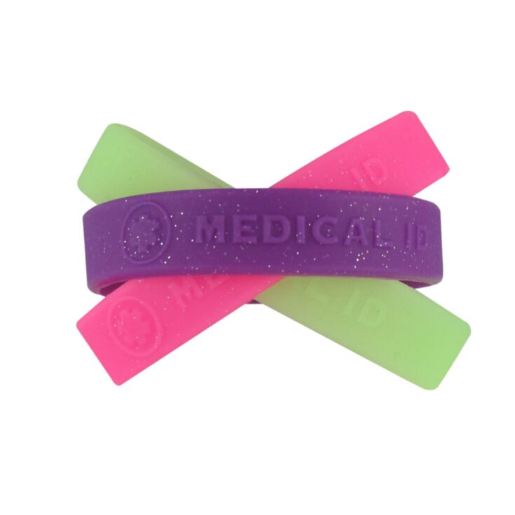 sparkling, colorful, silicone medical id bands for kids in purple, pink, and glow in the dark, 6", 7" sizes available for use with engraved id plate