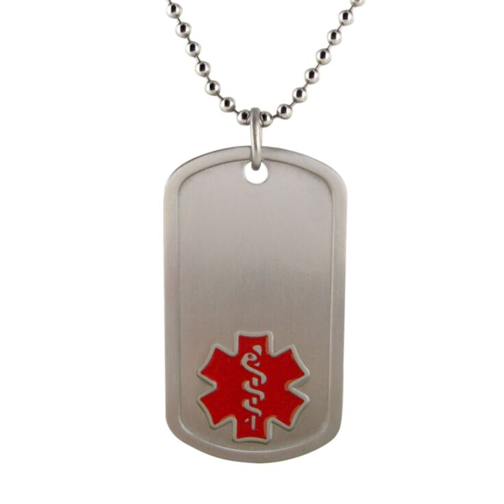 dog tag medical id with red medical symbol on titanium bead chain, hypoallergenic medical id jewelry, lightweight and durable