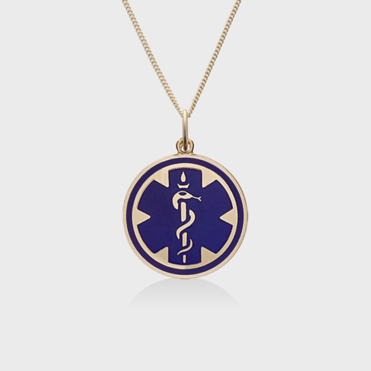 medallion style medical id necklace, classic gold chain with blue embossed medical emblem