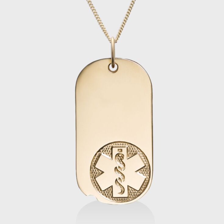 military style medical id necklace with 14kt gold large oval medical id tag