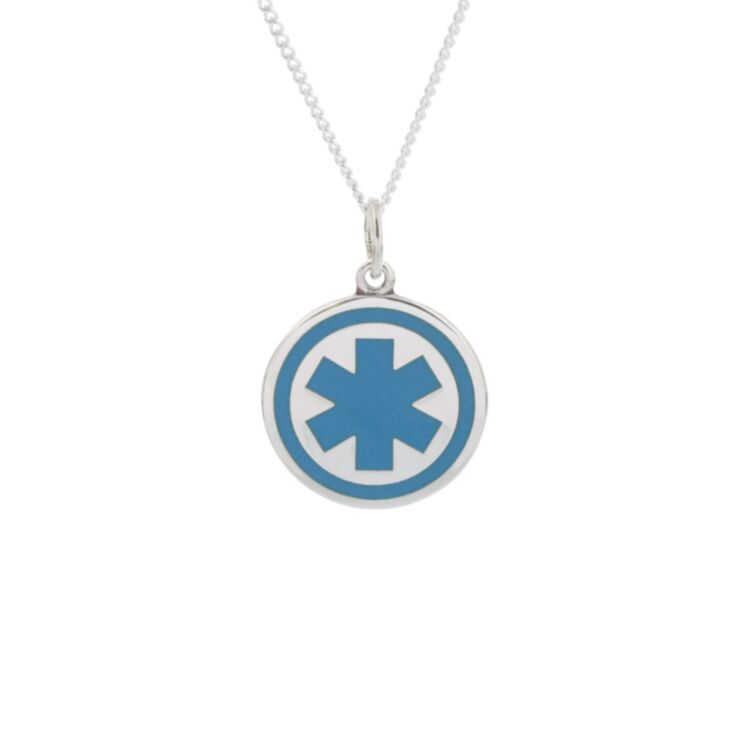round sterling silver medallion necklace, classic and traditional style, embossed medical emblem on round id tag, curb style neck chain