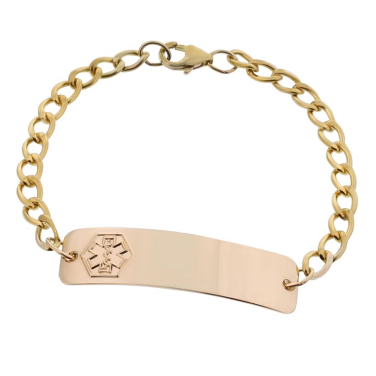 Gold medical ID bracelet, engraved gold medic ID alert, gold clasic medic alert ID