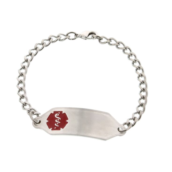 classic, small stainless steel medical id bracelet with curb style chain, suits kids, toddlers or teens, with red medical emblem