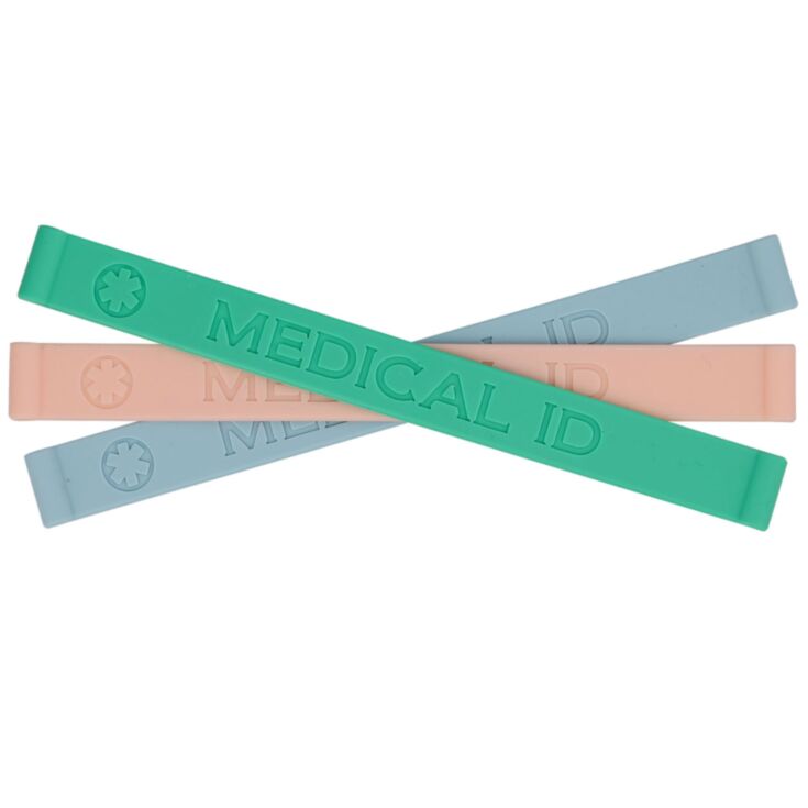 Pastel color silicone medical ID bands in blue, pink, and green seaside colors with embossed medical emblem