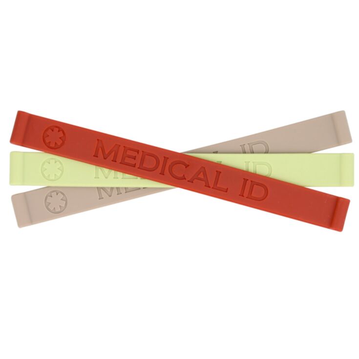 Earth tone silicone medical ID bracelets in red, beige, and rose color with embossed medical emblem for emergency